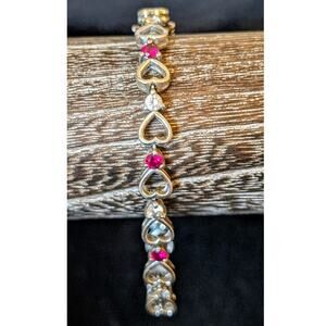 925 Sterling Silver Man Made Ruby CZ Open Heart Link 'LOVE' Tennis Bracelet